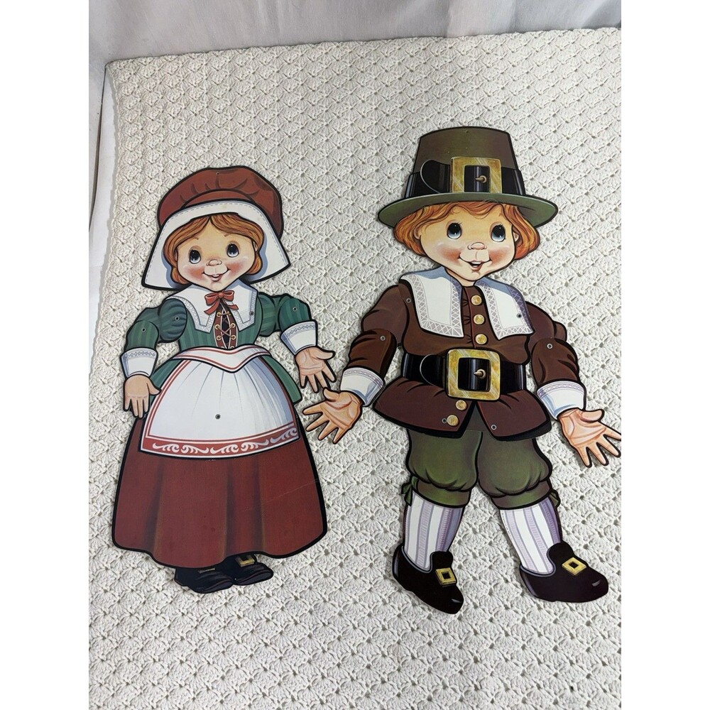 2 VTG 1986 Beistle Thanksgiving Die Cut Decorations Jointed Pilgrim 25" Boy Girl